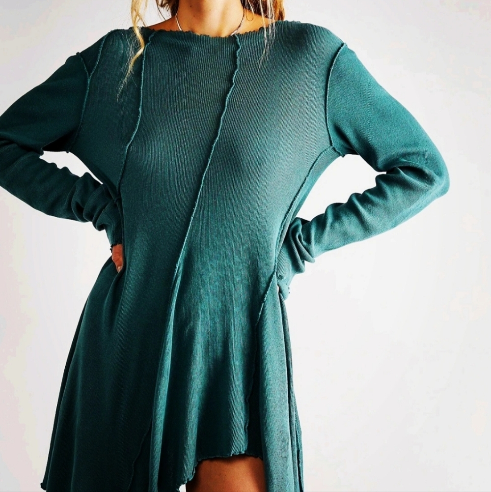 NWOT FREE PEOPLE Sz M FULL SWING TUNIC TOP In Teal Lettuce Trim 100% Cotton